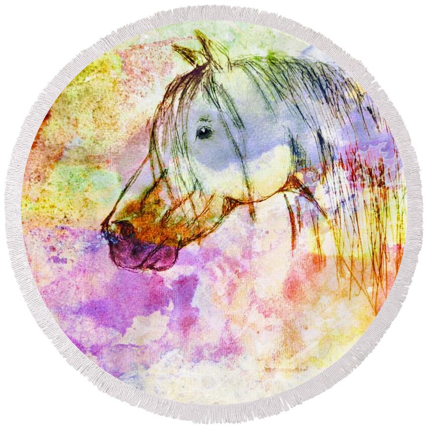 Nature Round Beach Towel featuring the photograph Watercolor horse head - digital effect 2 by Debbie Portwood