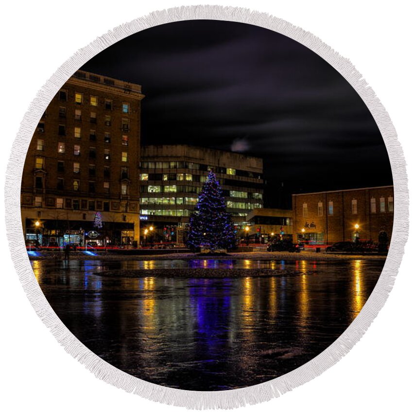 Wausau Round Beach Towel featuring the photograph Wausau After Dark at Christmas by Dale Kauzlaric