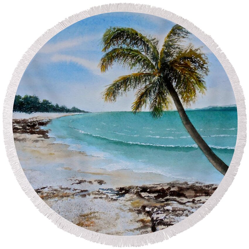 Water Colour Seascape Painting On Paper Of A Beach In Zanzibar Round Beach Towel featuring the painting West of Zanzibar by Sher Nasser