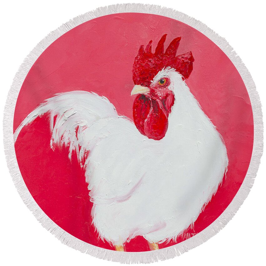 Rooster Round Beach Towel featuring the painting White Rooster by Jan Matson