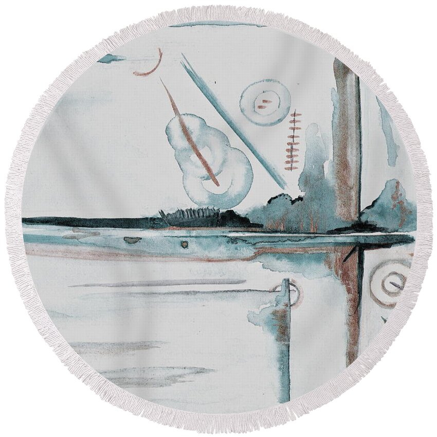 Abstract Round Beach Towel featuring the painting Will It Fly? by Marsha Woods