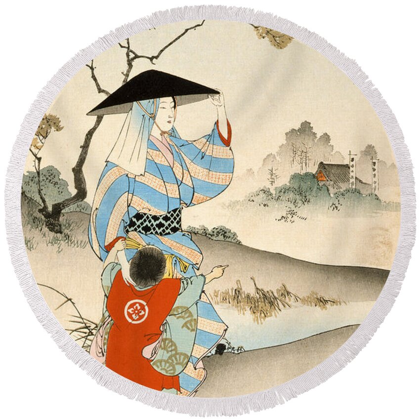 Japanese Round Beach Towel featuring the painting Woman and Child by Ogata Gekko