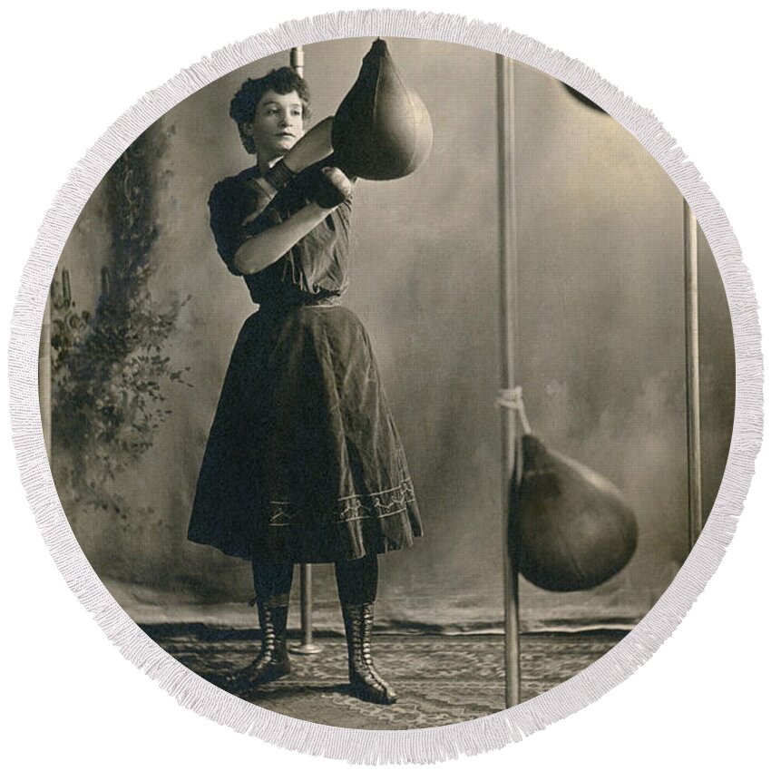 1890 Round Beach Towel featuring the photograph Woman Boxing Workout #2 by Underwood Archives