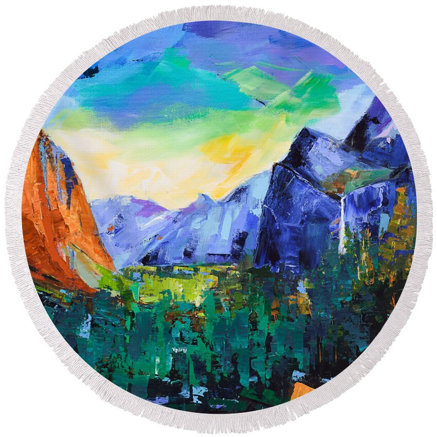 Yosemite Valley Round Beach Towel featuring the painting Yosemite Valley - Tunnel View by Elise Palmigiani