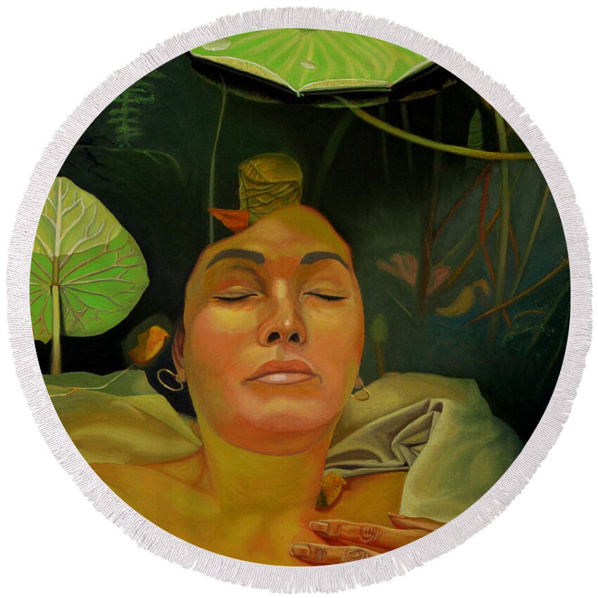 Figurative Round Beach Towel featuring the painting 10 30 A.m. by Thu Nguyen