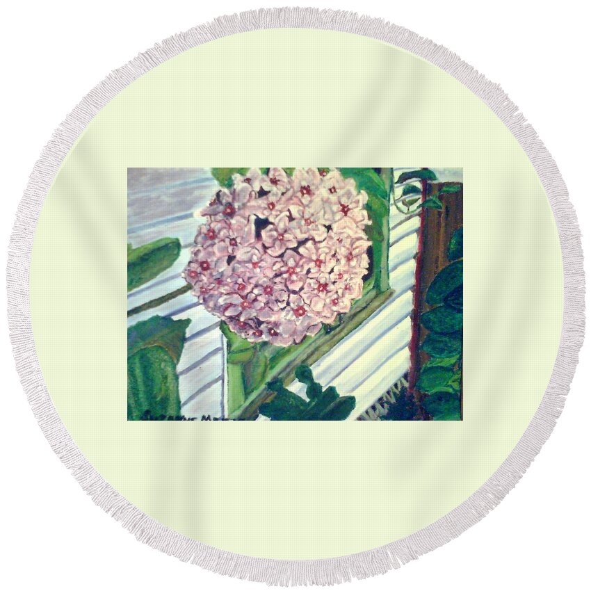 Flower Round Beach Towel featuring the painting 10th Street Cafe by Suzanne Berthier