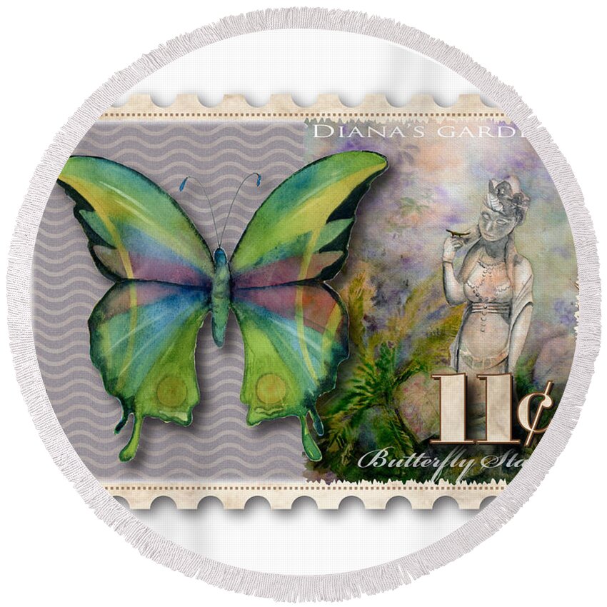 Butterfly Round Beach Towel featuring the painting 11 Cent Butterfly Stamp by Amy Kirkpatrick