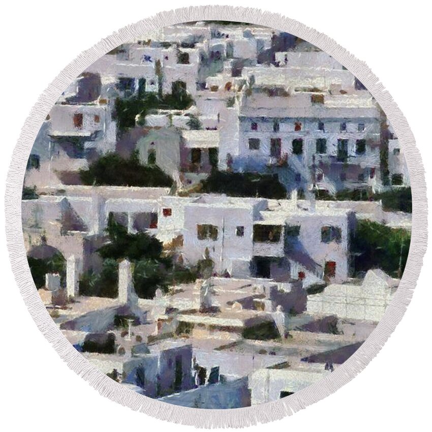 Mykonos; Mikonos; Town; City; Chora; Hora; Greece; Hellas; Cyclades; Kyklades; Greek; Hellenic; Aegean; Island; Windmill; Windmills; House; Houses; White; Overview; View; Holidays; Vacation; Travel; Trip; Voyage; Journey; Tourism; Touristic; Summer; Sunny; Paint; Painting; Paintings; Islands Round Beach Towel featuring the painting Mykonos town #6 by George Atsametakis