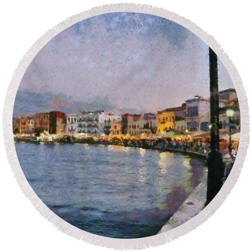 Chania; Hania; Crete; Kriti; Town; Old; City; Port; Harbor; Venetian; Greece; Hellas; Greek; Hellenic; Islands; Dusk; Twilight; Night; Lights; Sea; People; Tourists; Walk; Walking; Color; Colour; Colorful; Colourful; Light; Pole; Island; Hotels; Taverns; Restaurants; Holidays; Vacation; Travel; Trip; Voyage; Journey; Tourism; Touristic; Summer; Paint; Painting; Paintings; Reflection; Reflections Round Beach Towel featuring the painting Painting of the old port of Chania #3 by George Atsametakis