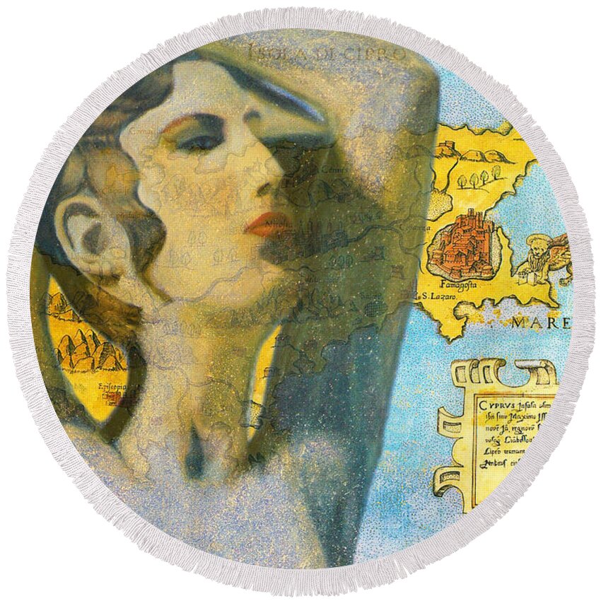 Augusta Stylianou Round Beach Towel featuring the digital art Ancient Cyprus Map and Aphrodite #12 by Augusta Stylianou