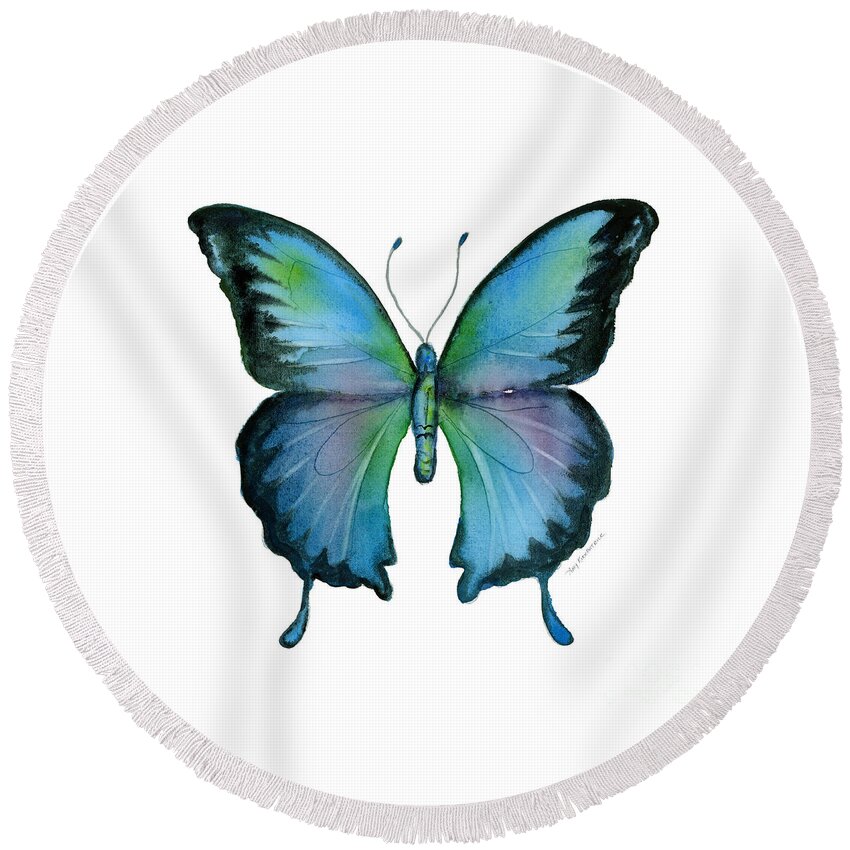 Blue Round Beach Towel featuring the painting 12 Blue Emperor Butterfly by Amy Kirkpatrick