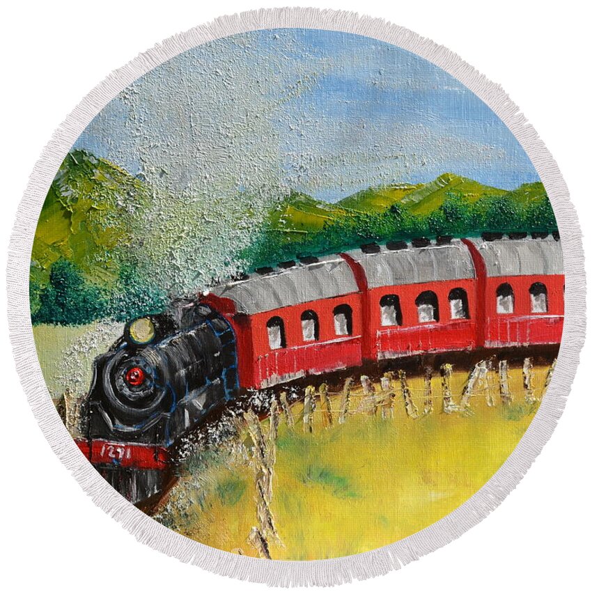 Steam Engine Round Beach Towel featuring the painting 1271 Steam Engine by Denise Tomasura