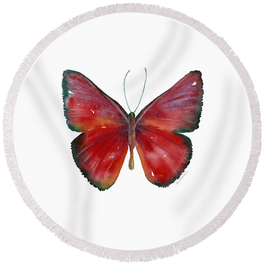 Red Round Beach Towel featuring the painting 16 Mesene Rubella Butterfly by Amy Kirkpatrick