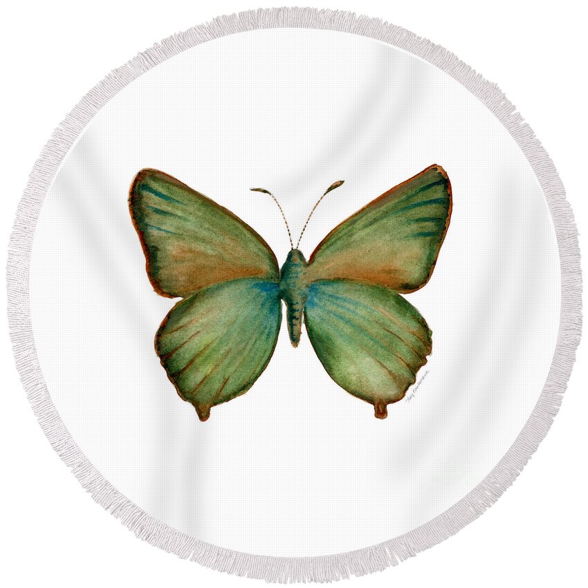 Green Round Beach Towel featuring the painting 17 Green Hairstreak Butterfly by Amy Kirkpatrick