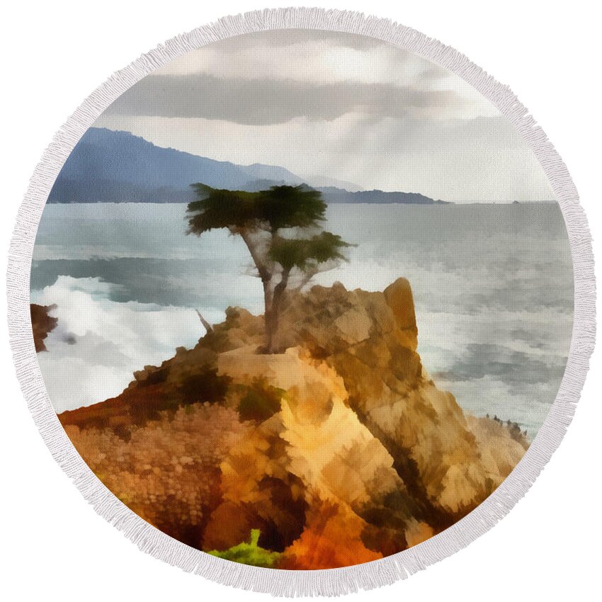 Barbara Snyder Round Beach Towel featuring the digital art 17 Mile Drive Lone Cypress by Barbara Snyder
