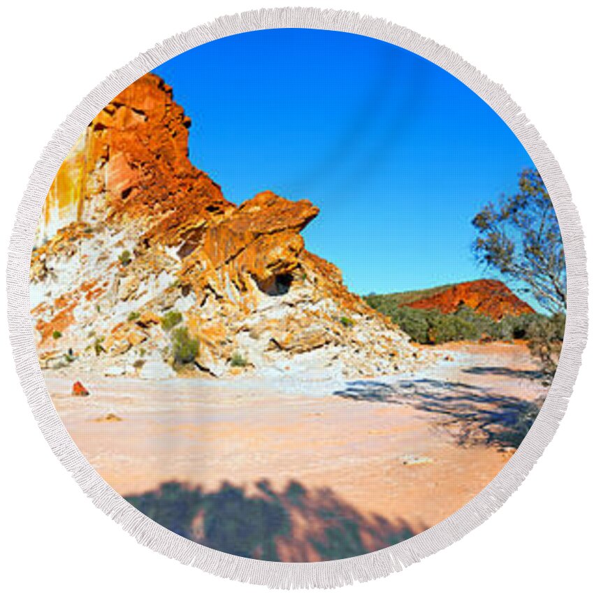 Rainbow Valley Outback Landscape Central Australia Australian Northern Territory Panorama Panoramic Clay Pan Dry Arid Round Beach Towel featuring the photograph Rainbow Valley #18 by Bill Robinson