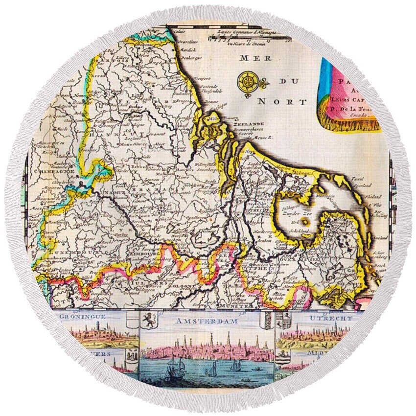 1710 De La Feuille Map Of The Netherlands Belgium And Luxembourg Geographicus 17provinces Laveuille 1710 Round Beach Towel featuring the painting 1710 De La Feuille Map of the Netherlands Belgium and Luxembourg Geographicus 17Provinces laveuille by MotionAge Designs