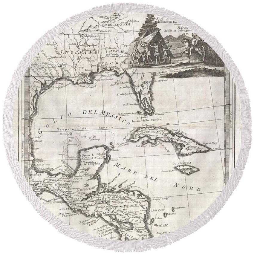 This Is A Stunningly Rendered 1798 Map Of Florida Round Beach Towel featuring the photograph 1798 Cassini Map of Florida Louisiana Cuba and Central America by Paul Fearn
