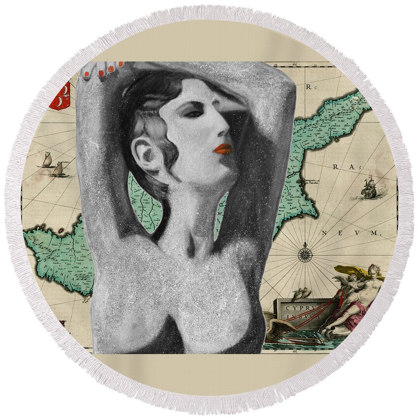 Augusta Stylianou Round Beach Towel featuring the digital art Ancient Cyprus Map and Aphrodite #20 by Augusta Stylianou