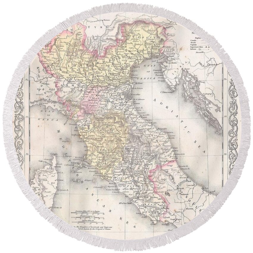  Round Beach Towel featuring the photograph 1856 Desilver Map of Northern Italy by Paul Fearn