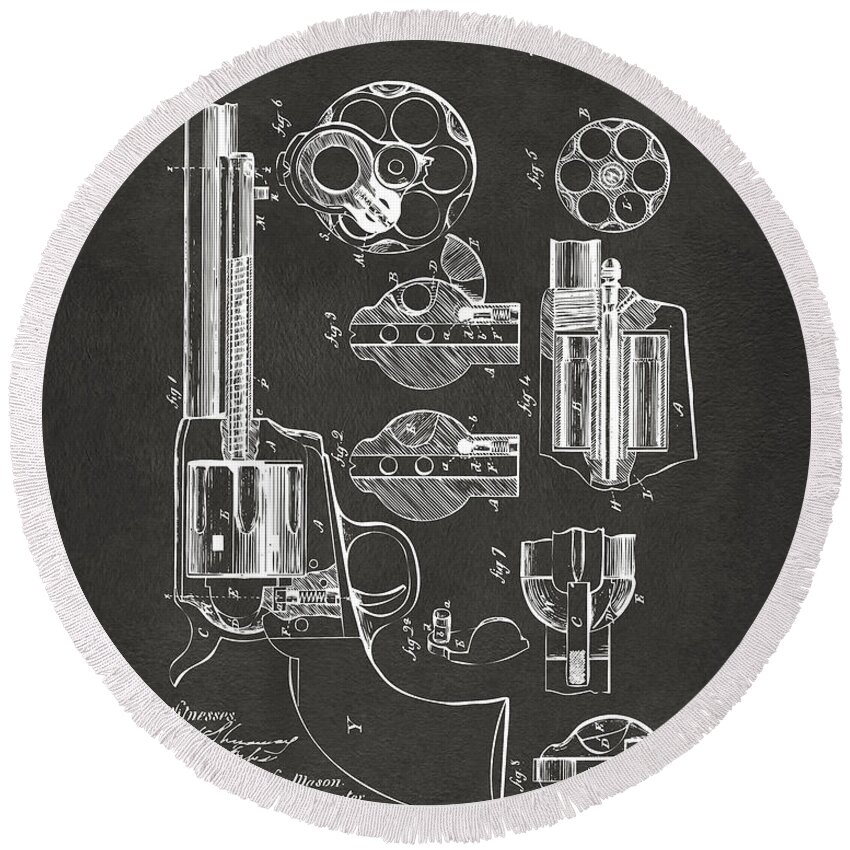 Colt Peacemaker Round Beach Towel featuring the digital art 1875 Colt Peacemaker Revolver Patent Artwork - Gray by Nikki Marie Smith