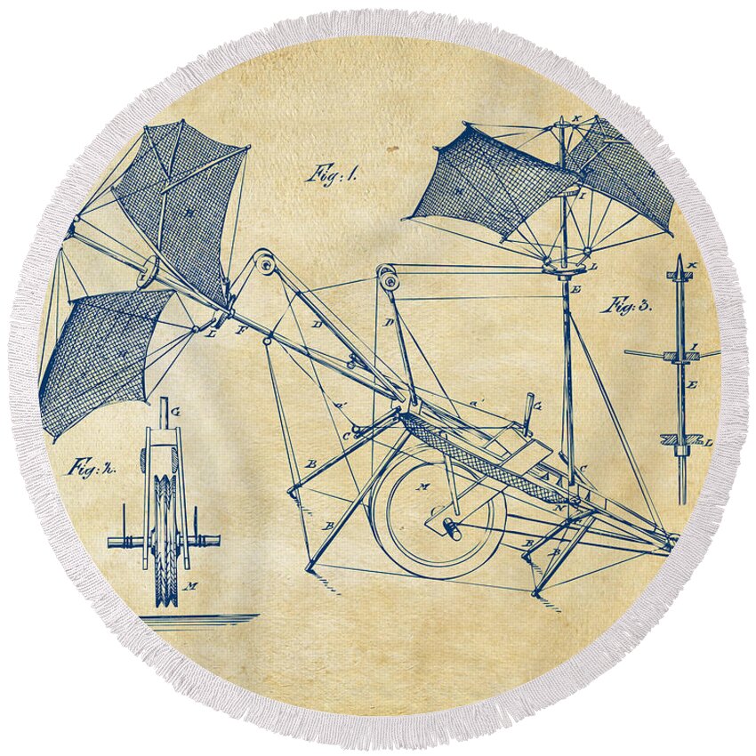 Aerial Ship Round Beach Towel featuring the digital art 1879 Quinby Aerial Ship Patent Minimal - Vintage by Nikki Marie Smith