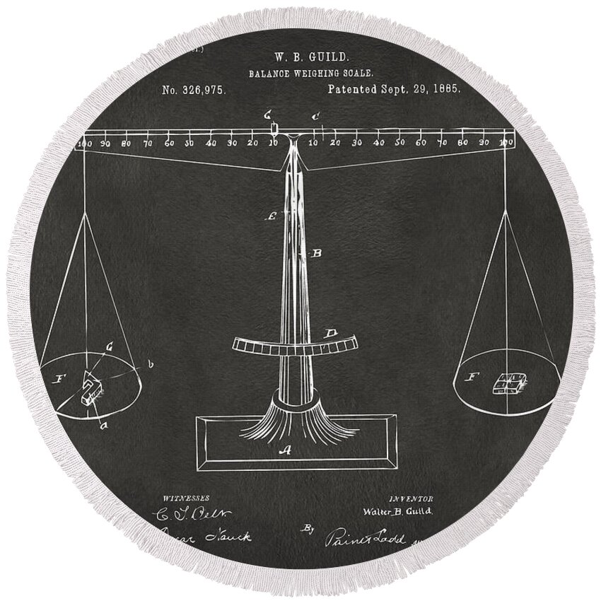 Justice Round Beach Towel featuring the digital art 1885 Balance Weighing Scale Patent Artwork - Gray by Nikki Marie Smith