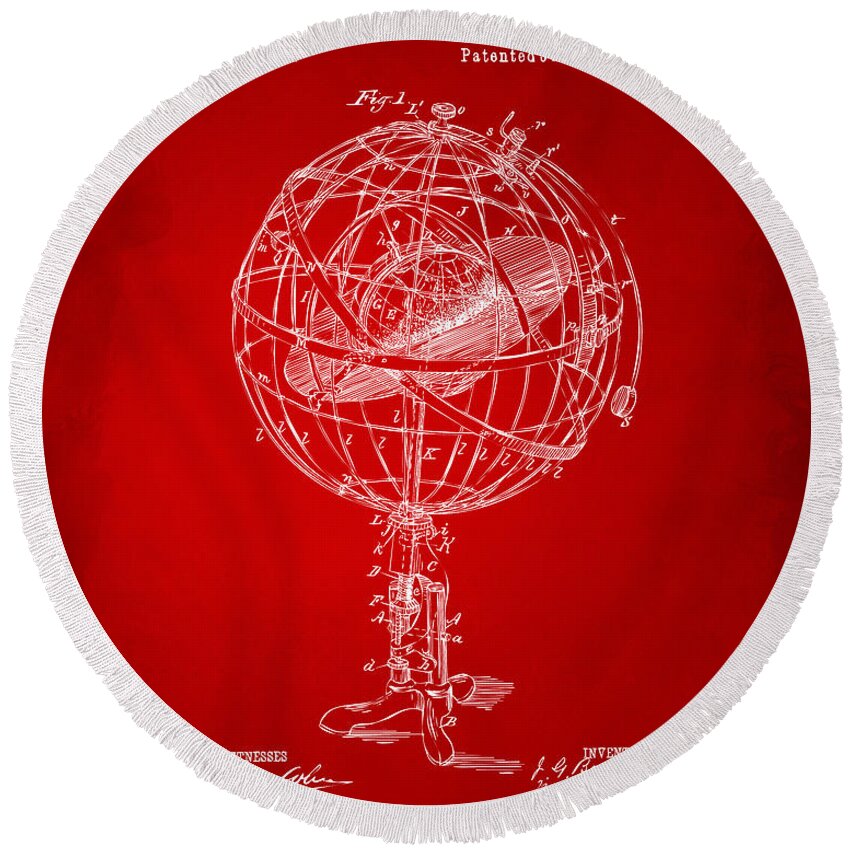Globe Round Beach Towel featuring the digital art 1885 Terrestro Sidereal Sphere Patent Artwork - Red by Nikki Marie Smith