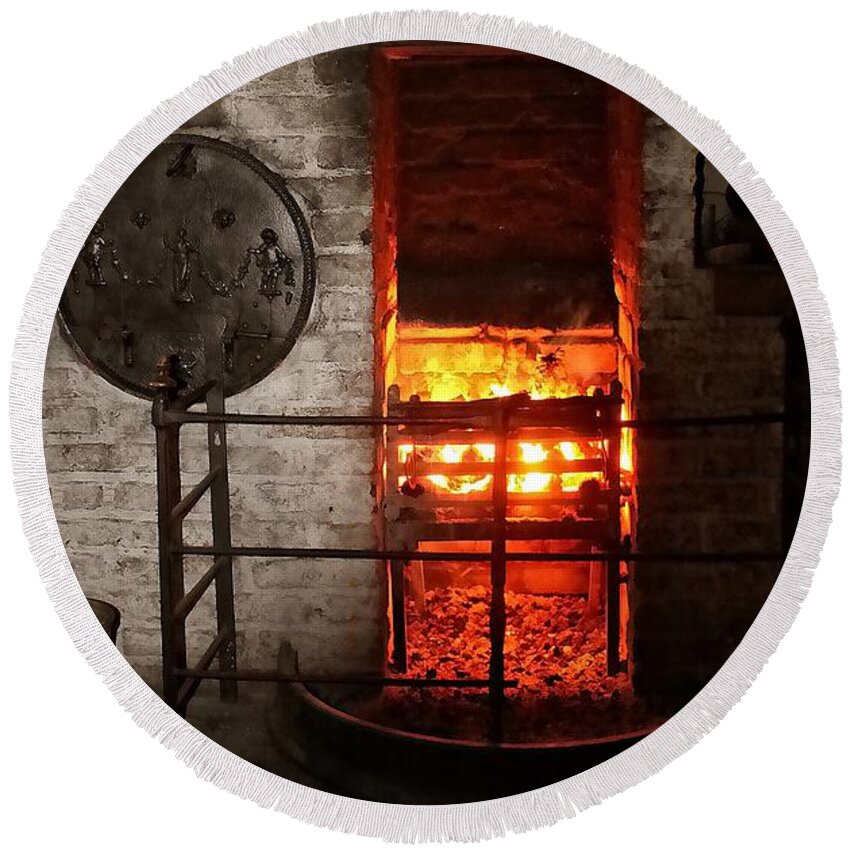 Beamish Round Beach Towel featuring the photograph 18th Century Farm House Fire by Doc Braham