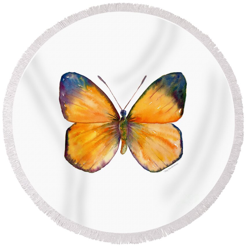 Delias Round Beach Towel featuring the painting 19 Delias Aruna Butterfly by Amy Kirkpatrick