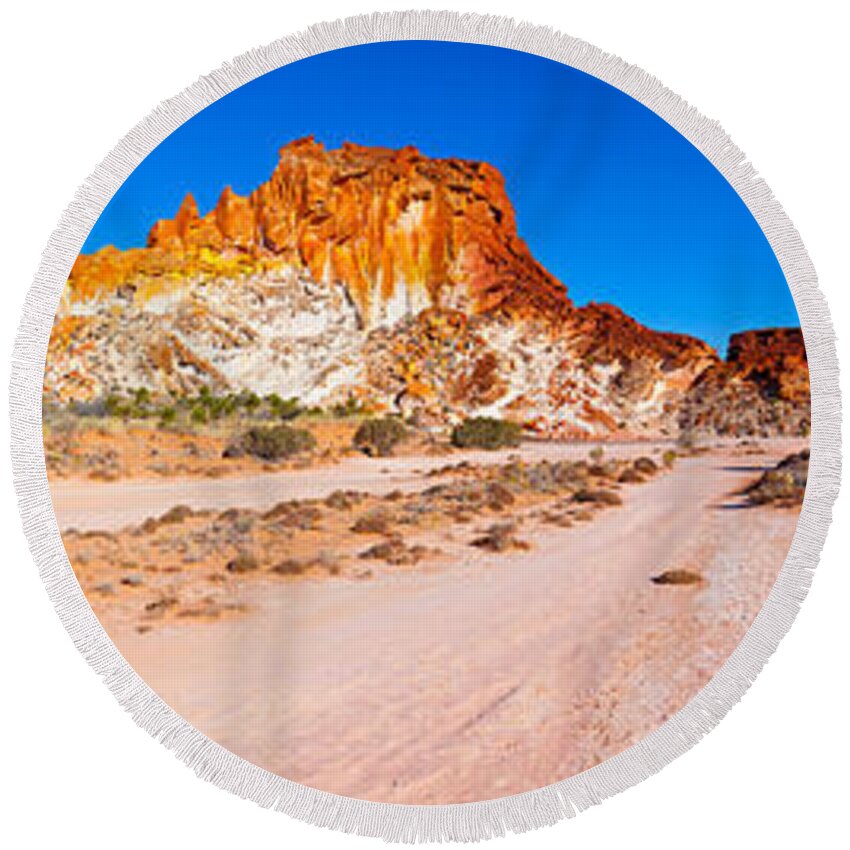 Rainbow Valley Outback Landscape Central Australia Australian Northern Territory Panorama Panoramic Clay Pan Dry Arid Round Beach Towel featuring the photograph Rainbow Valley #20 by Bill Robinson