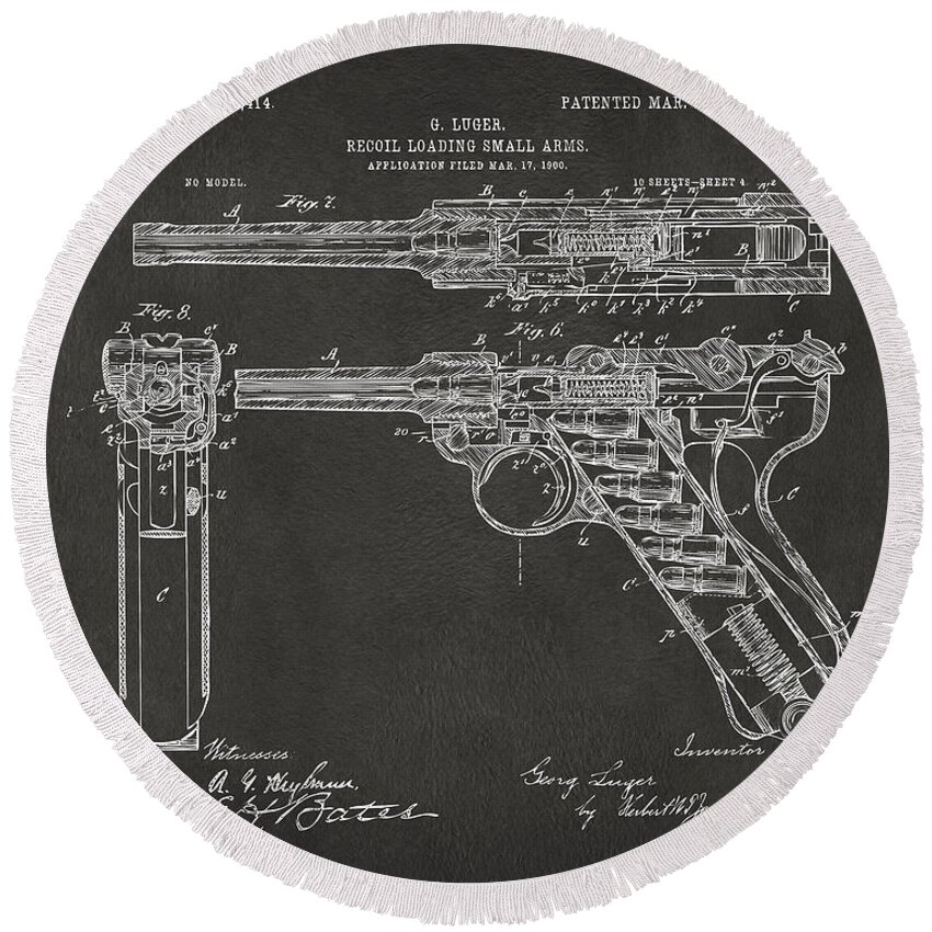 Luger Round Beach Towel featuring the digital art 1904 Luger Recoil Loading Small Arms Patent - Gray by Nikki Marie Smith