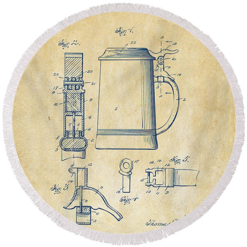 Beer Stein Round Beach Towel featuring the digital art 1914 Beer Stein Patent Artwork - Vintage by Nikki Marie Smith