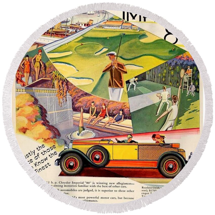 Classic Car Round Beach Towel featuring the digital art 1928 - Chrysler Imperial Model 80 Automobile Advertisement - Color by John Madison