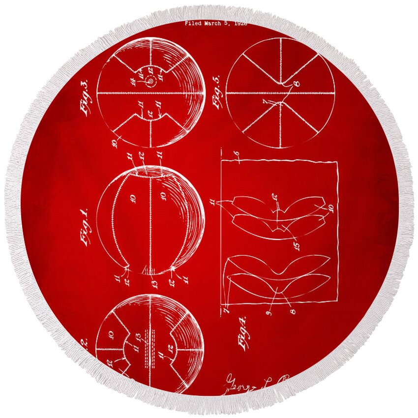 Basketball Round Beach Towel featuring the digital art 1929 Basketball Patent Artwork - Red by Nikki Marie Smith
