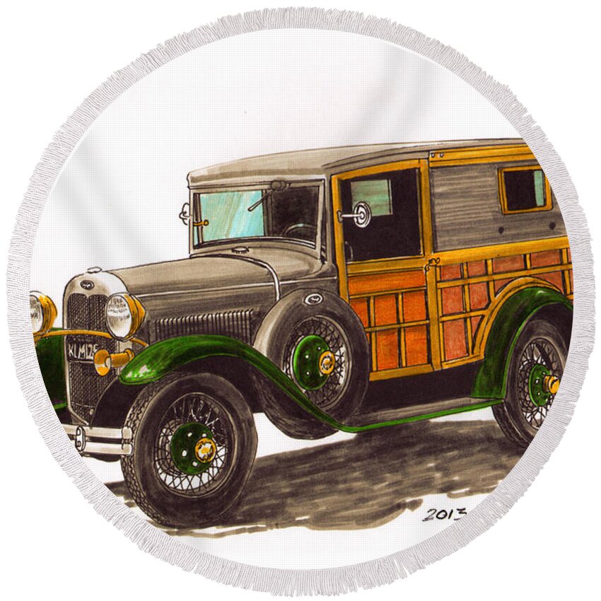 Classic Car Art Round Beach Towel featuring the painting 1930 Ford Model A WOODY by Jack Pumphrey