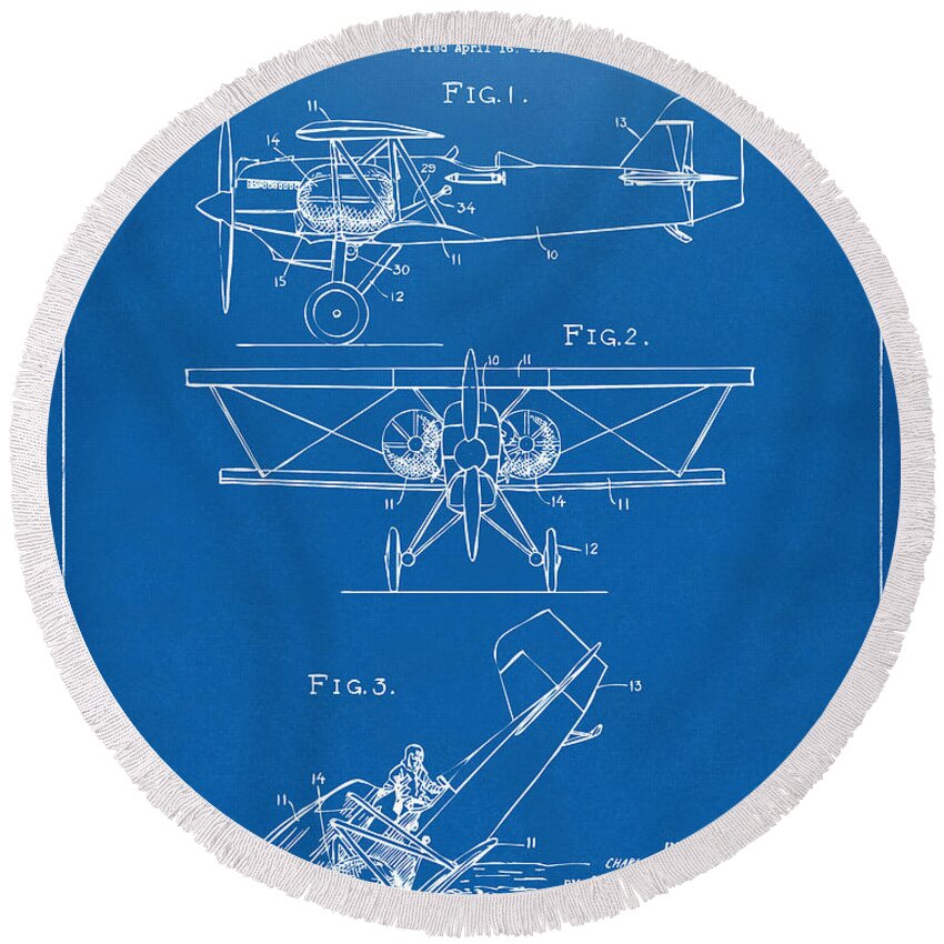 Aircraft Round Beach Towel featuring the digital art 1931 Aircraft Emergency Floatation Patent Blueprint by Nikki Marie Smith