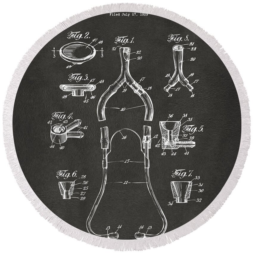 Stethoscope Round Beach Towel featuring the digital art 1932 Medical Stethoscope Patent Artwork - Gray by Nikki Marie Smith