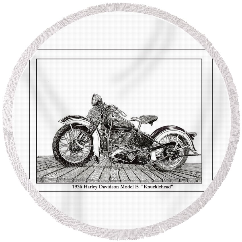 Framed Pen & Ink And Watercolor Prints Of Motorcycles Round Beach Towel featuring the painting 1936 Harley Knucklehead by Jack Pumphrey