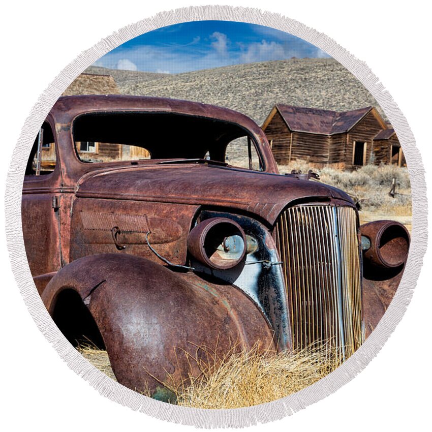 Bodie Round Beach Towel featuring the photograph 1937 Chevrolet Coupe at Bodie by Kathleen Bishop
