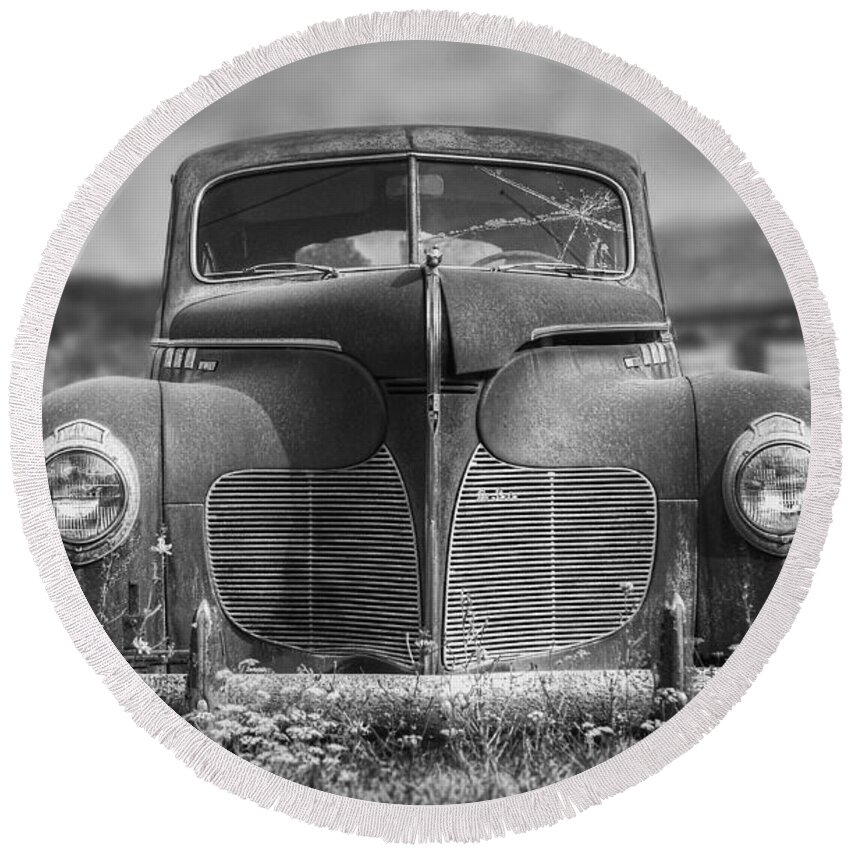 Desoto Round Beach Towel featuring the photograph 1940 DeSoto Deluxe Black and White by Scott Norris