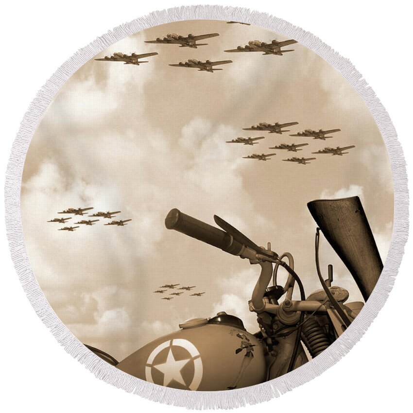 #faatoppicks Round Beach Towel featuring the photograph 1942 Indian 841 - B-17 Flying Fortress' by Mike McGlothlen