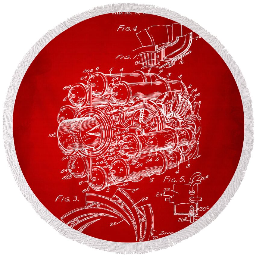 Jet Round Beach Towel featuring the digital art 1946 Jet Aircraft Propulsion Patent Artwork - Red by Nikki Marie Smith