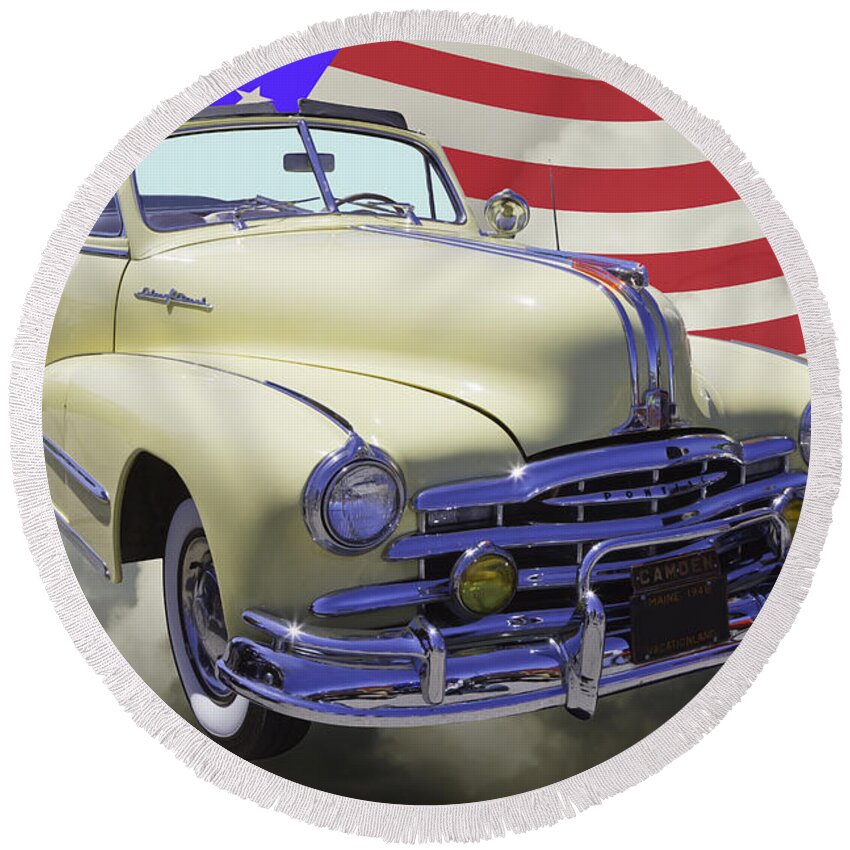 Old Round Beach Towel featuring the photograph 1948 Pontiac Silver Streak With American Flag by Keith Webber Jr
