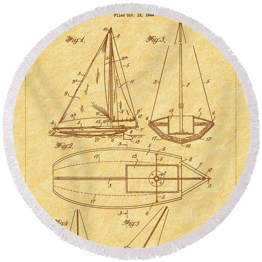 1948 Sailboat Patent Round Beach Towel featuring the photograph 1948 Sailboat Patent Art by Barry Jones