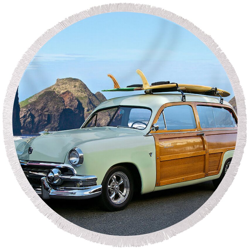 Auto Round Beach Towel featuring the photograph 1951 Ford 'Woody' Wagon by Dave Koontz