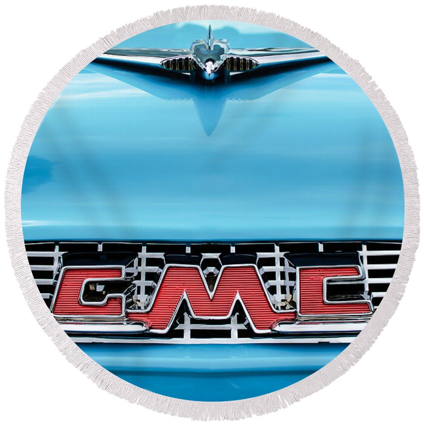 1956 Gmc 100 Deluxe Edition Pickup Truck Hood Ornament - Grille Emblem Round Beach Towel featuring the photograph 1956 GMC 100 Deluxe Edition Pickup Truck Hood Ornament - Grille Emblem by Jill Reger