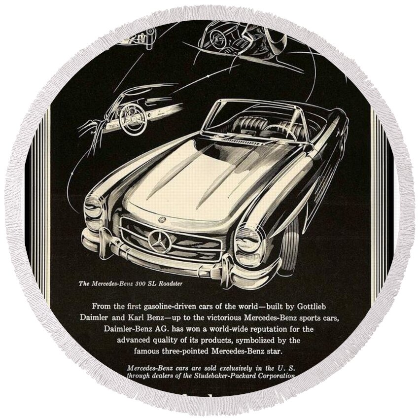 1957 Round Beach Towel featuring the digital art 1957 - Mercedes-Benz Roadster Advertisement - Studebaker-Packard by John Madison