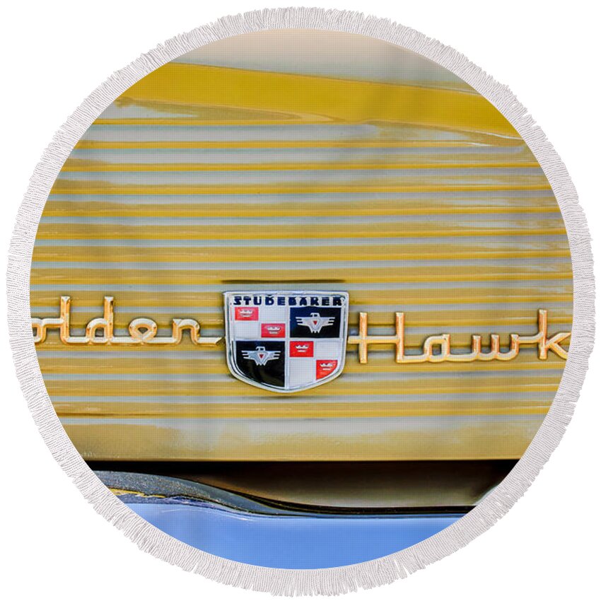 1957 Studebaker Golden Hawk Hardtop Emblem Round Beach Towel featuring the photograph 1957 Studebaker Golden Hawk Hardtop Emblem - 2948c by Jill Reger