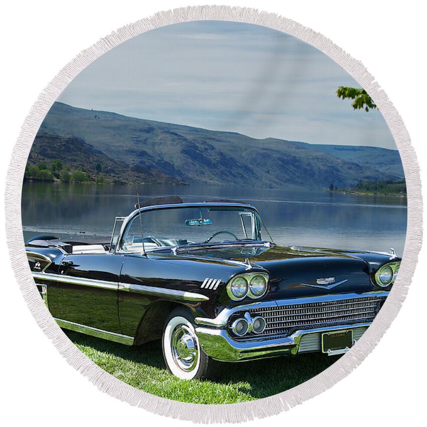 History Round Beach Towel featuring the photograph 1958 Chevrolet Impala Convertible by Dave Koontz